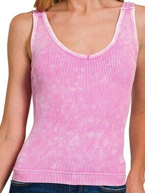 Stone Washed Ribbed Seamless Tank Top w/ Bra Pad in Bright Mauve
